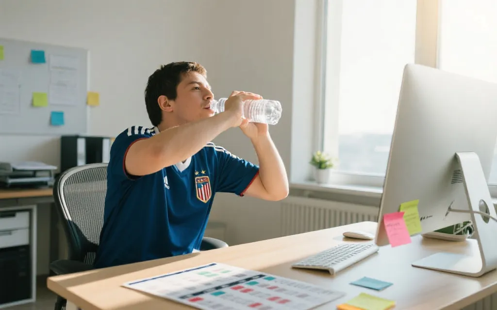 清晨办公室里中国球迷喝水拉伸，桌面有赛程表与便签，阳光照进窗户